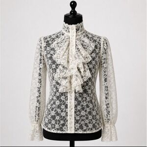 Alice Stuart‎ Vintage Floral Lace Poet Top Ruffle Sz 10 Ivory Edwardian